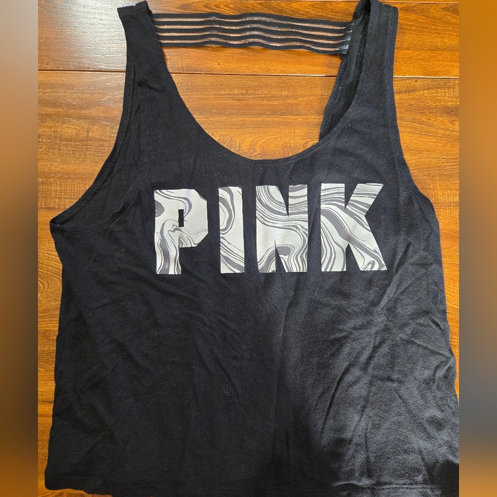 Victorias Secret PINK Open Back Sheer Stripe Black Tank Top M
